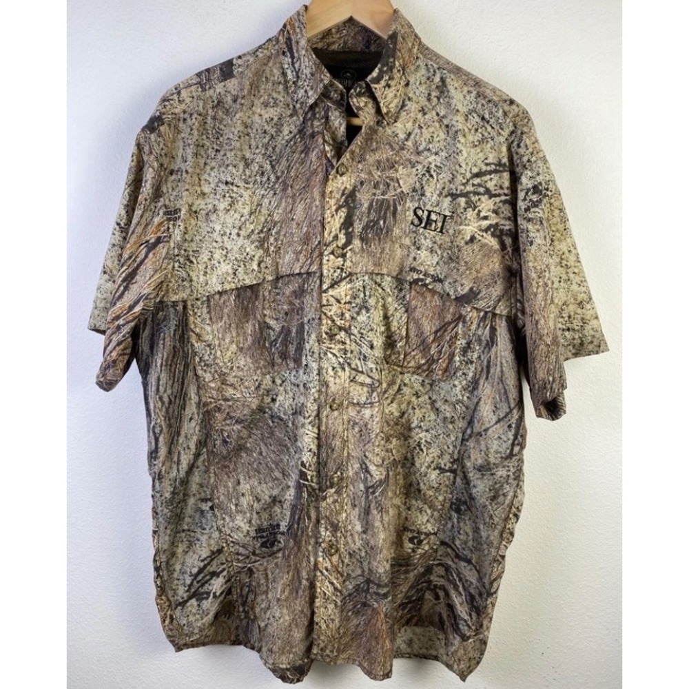 RedHead Shirt Mens L Mossy Oak Brush Camo Hunting Button Up Short Sleeve Outdoor
